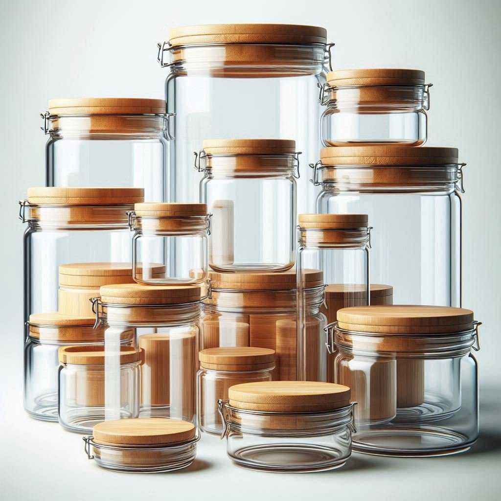 Recipientes herméticos de vidrio con tapas de bambú para despensa
